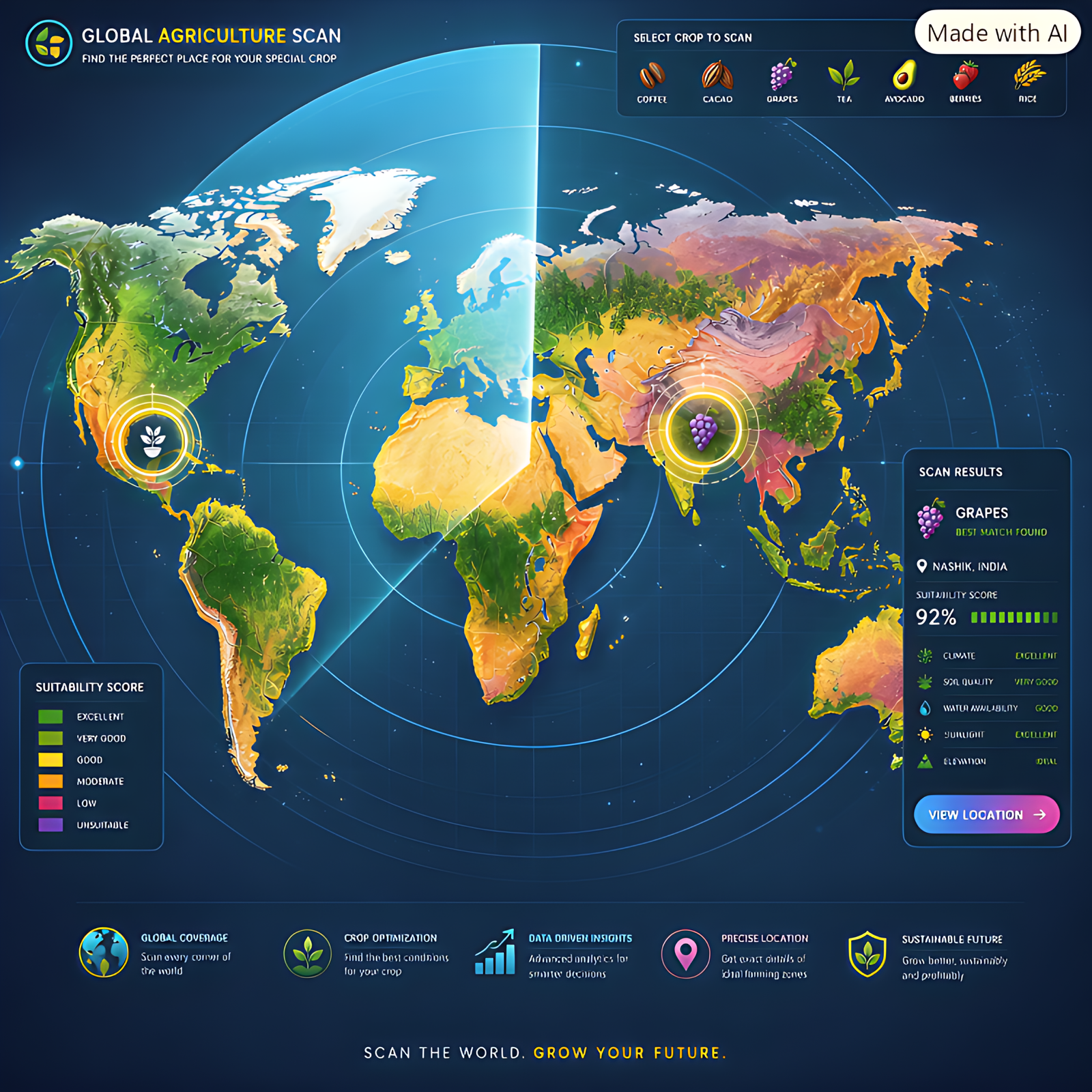 Global agriculture opportunity scan interface and world suitability map